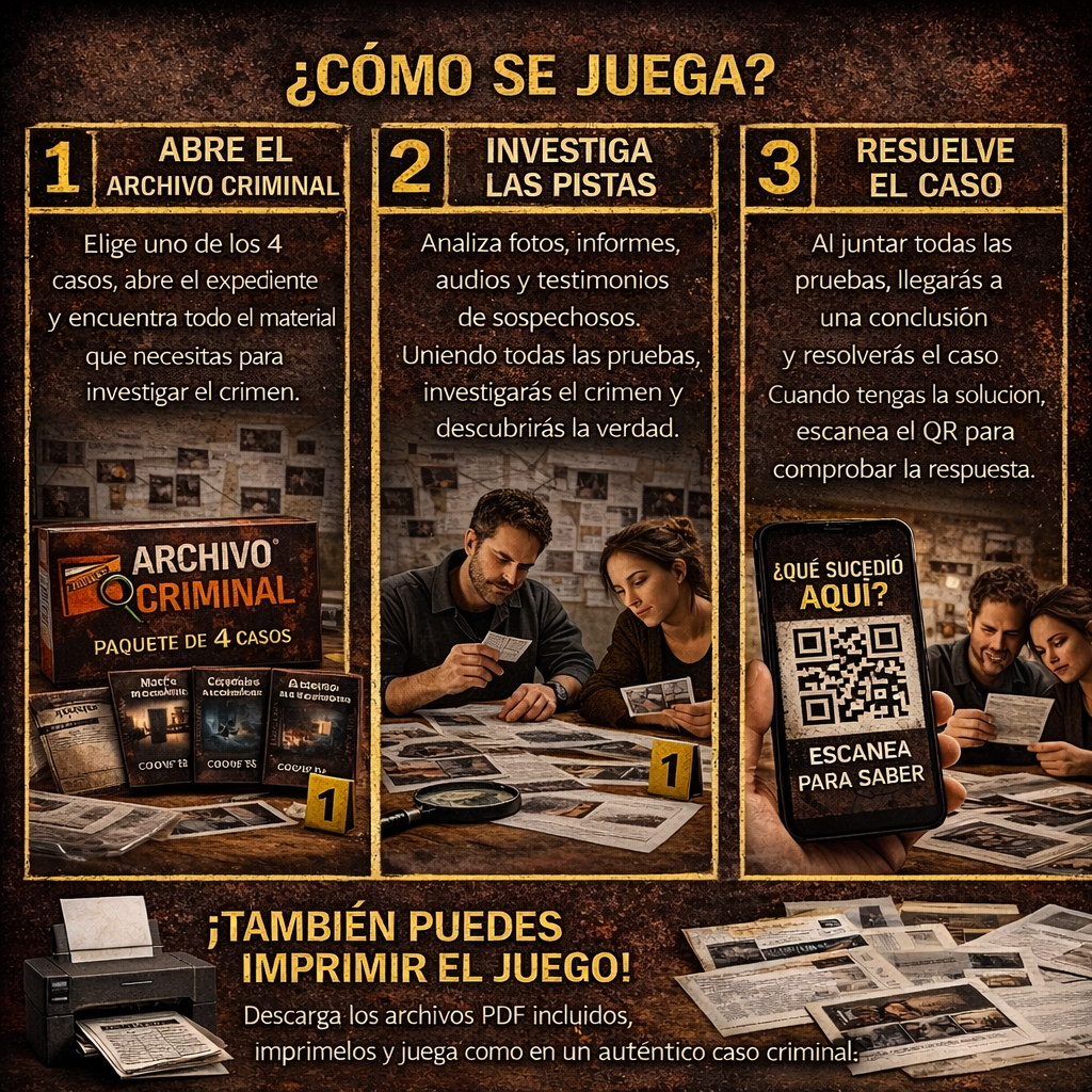 🗂️ PACK 4 CASOS CRIMINALES (se puede imprimir o jugar online)