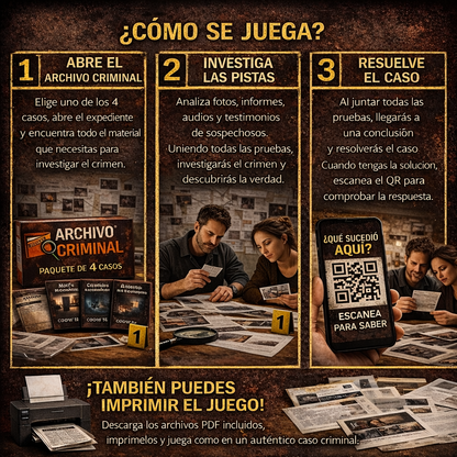 🗂️ PACK 4 CASOS CRIMINALES (se puede imprimir o jugar online)