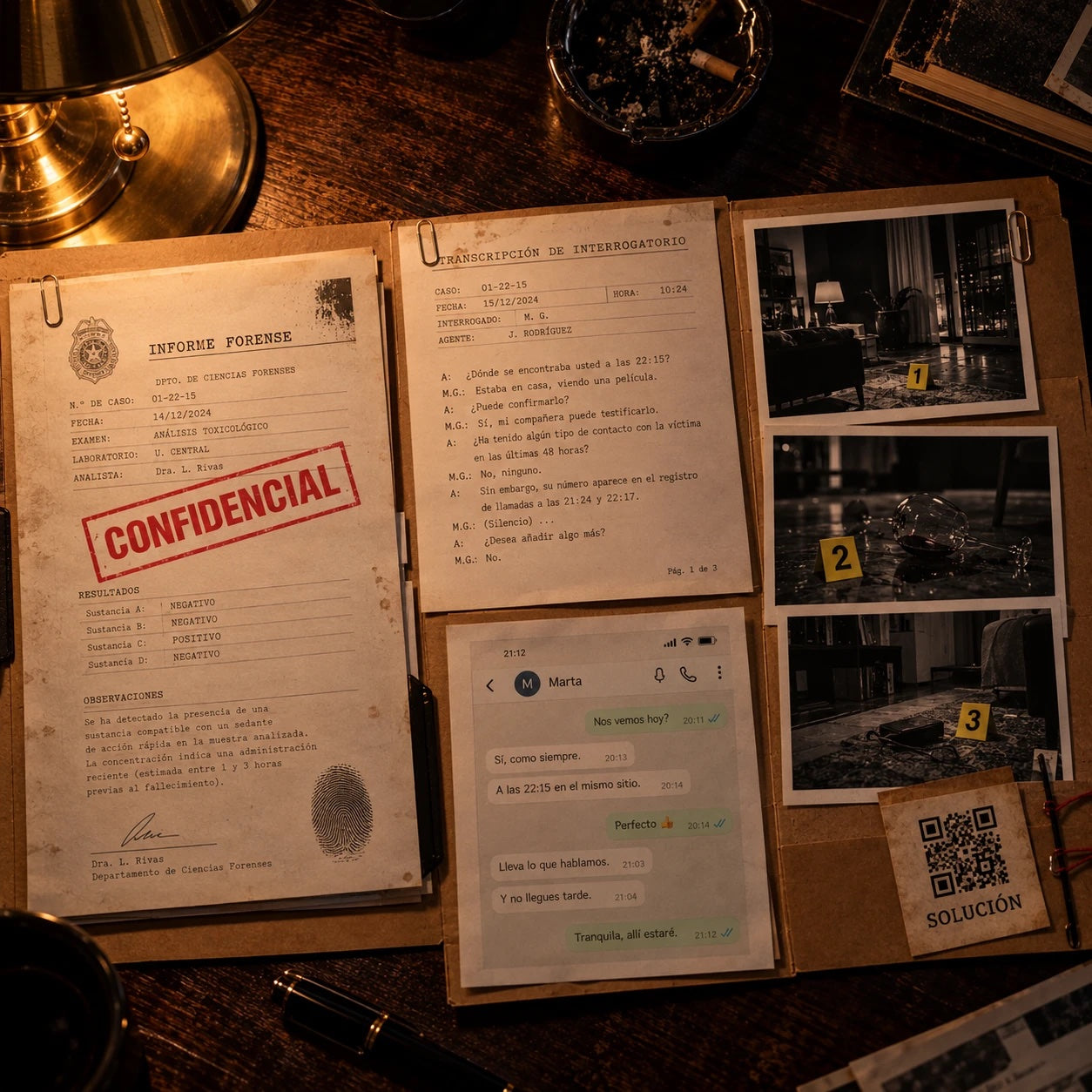 Expediente abierto con informe forense, interrogatorio, mensajes, fotos de la escena y tarjeta de solución con QR